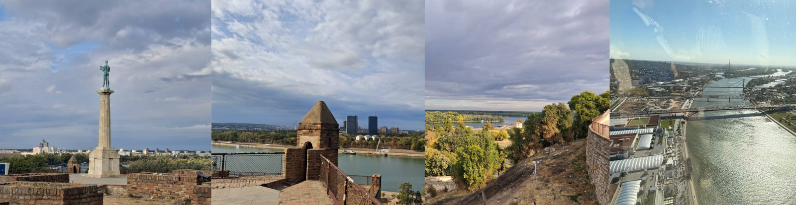 A collage of Belgrade landmarks, fortress views and rivers